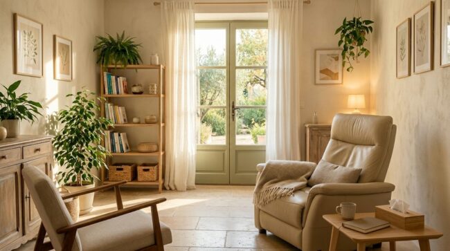 Fauteuil confortable dans un cabinet d'hypnose lumineux à Aix-en-Provence