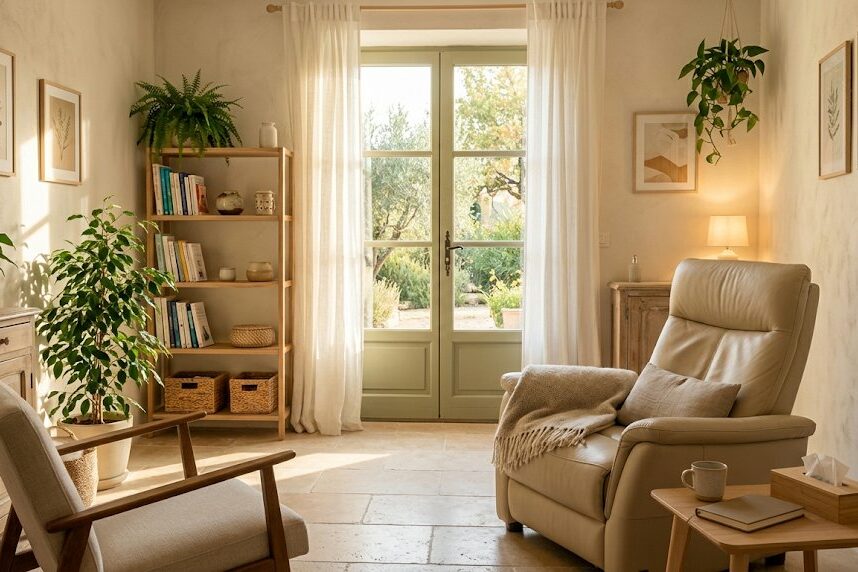 Fauteuil confortable dans un cabinet d'hypnose lumineux à Aix-en-Provence
